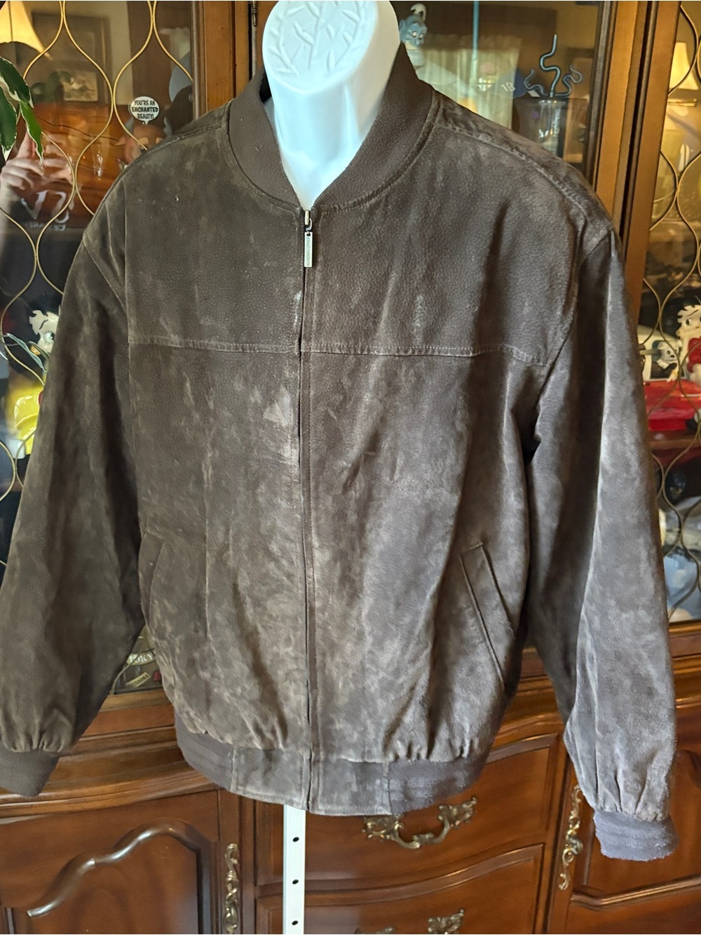 Menβs John Ashford Brown Suede Leather Zip Bomber Jacket Coat Size Large